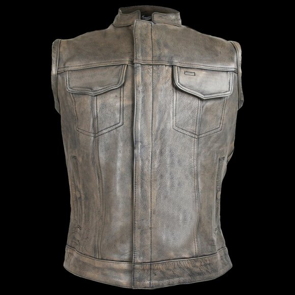 Men's Distressed Brown Leather Motorcycle Club Vest - Picture 1 of 6